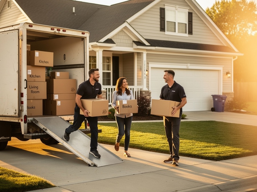 Friendly helpers loading a moving truck on moving day